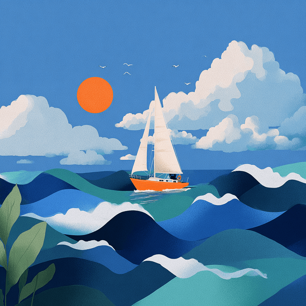 Illustration of a red and white sailboat navigating vibrant blue and teal ocean waves under a bright sky with fluffy clouds, an orange sun, and distant birds