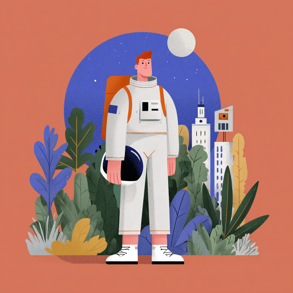 Person in a clear astronaut helmet floating among colorful planets, rings, and cosmic nebula clouds in a star-filled space scene