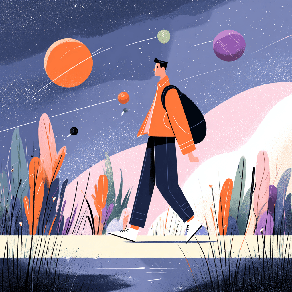 Person walking through a fantastical cosmic landscape under a starry night sky with colorful planets, shooting stars, and lush tropical vegetation