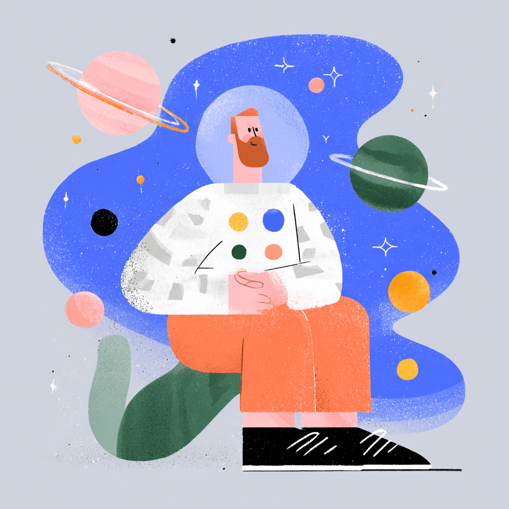 Person in a white astronaut suit with orange accents standing between lush green plants and a futuristic city skyline, holding a dark helmet under a starry night sky with a full moon