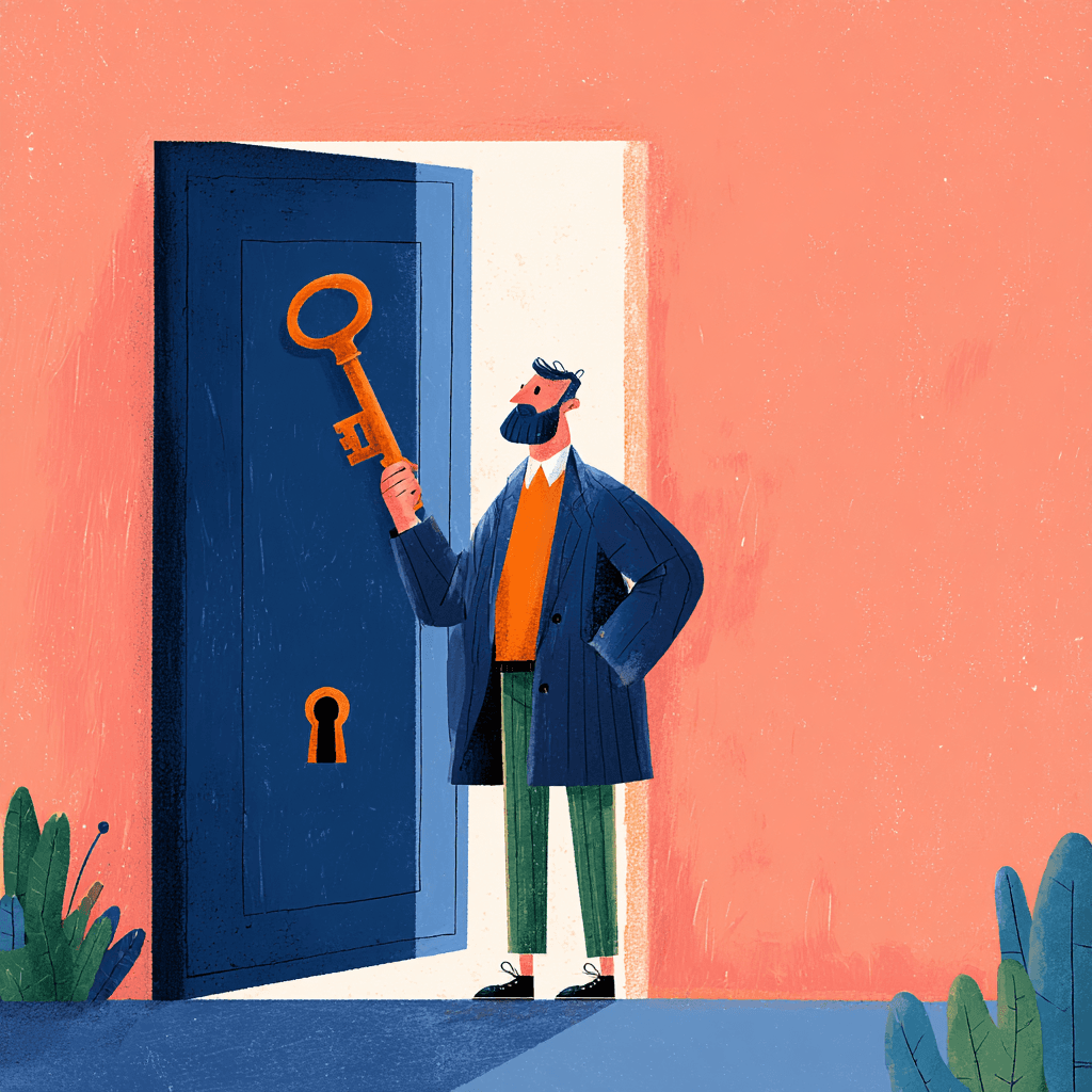 Bearded person in an orange sweater and dark blue coat holding a large golden key in front of a partially open dark blue door, with green foliage and a warm peachy-orange wall background