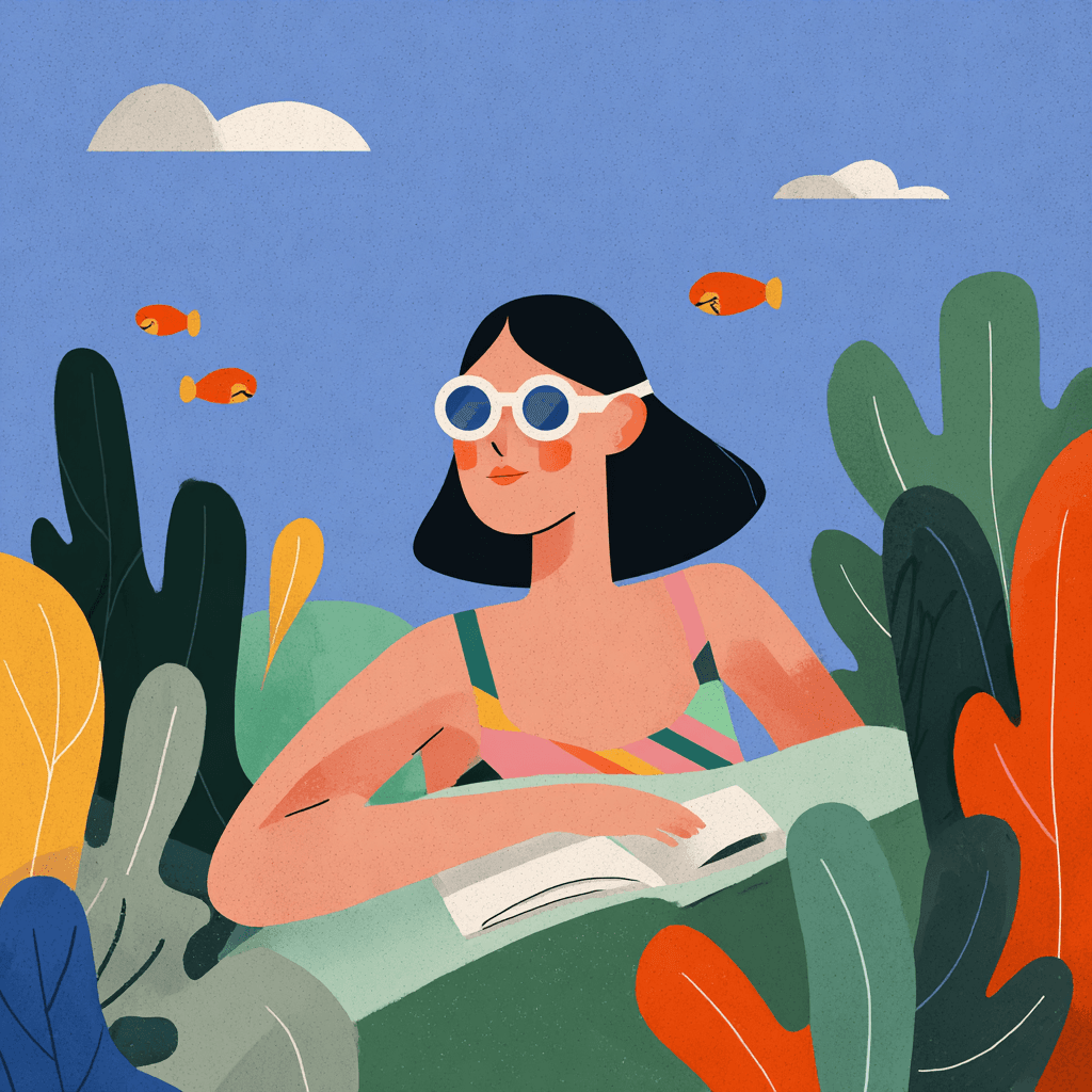 Woman with round white sunglasses reading a book, surrounded by large colorful tropical leaves and whimsical orange fish floating in a bright blue sky